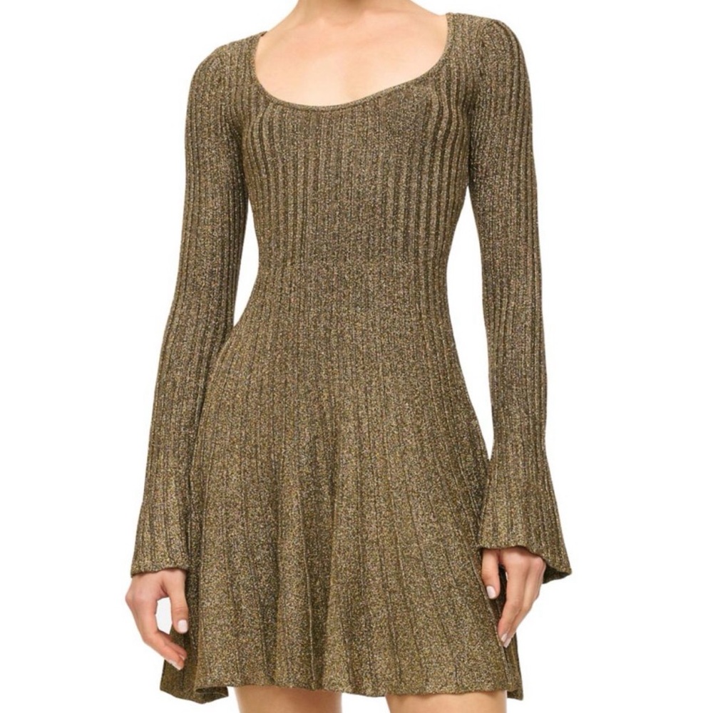 STAUD Gold Metallic Knit Long Sleeve Dress